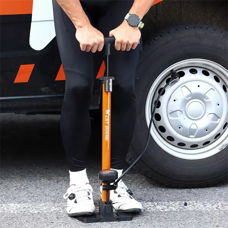 WEST BIKING High Pressure Bike Bicycle Air Pump With Pressure Gauge Household Portable Mountain Stand Bicycle Pump