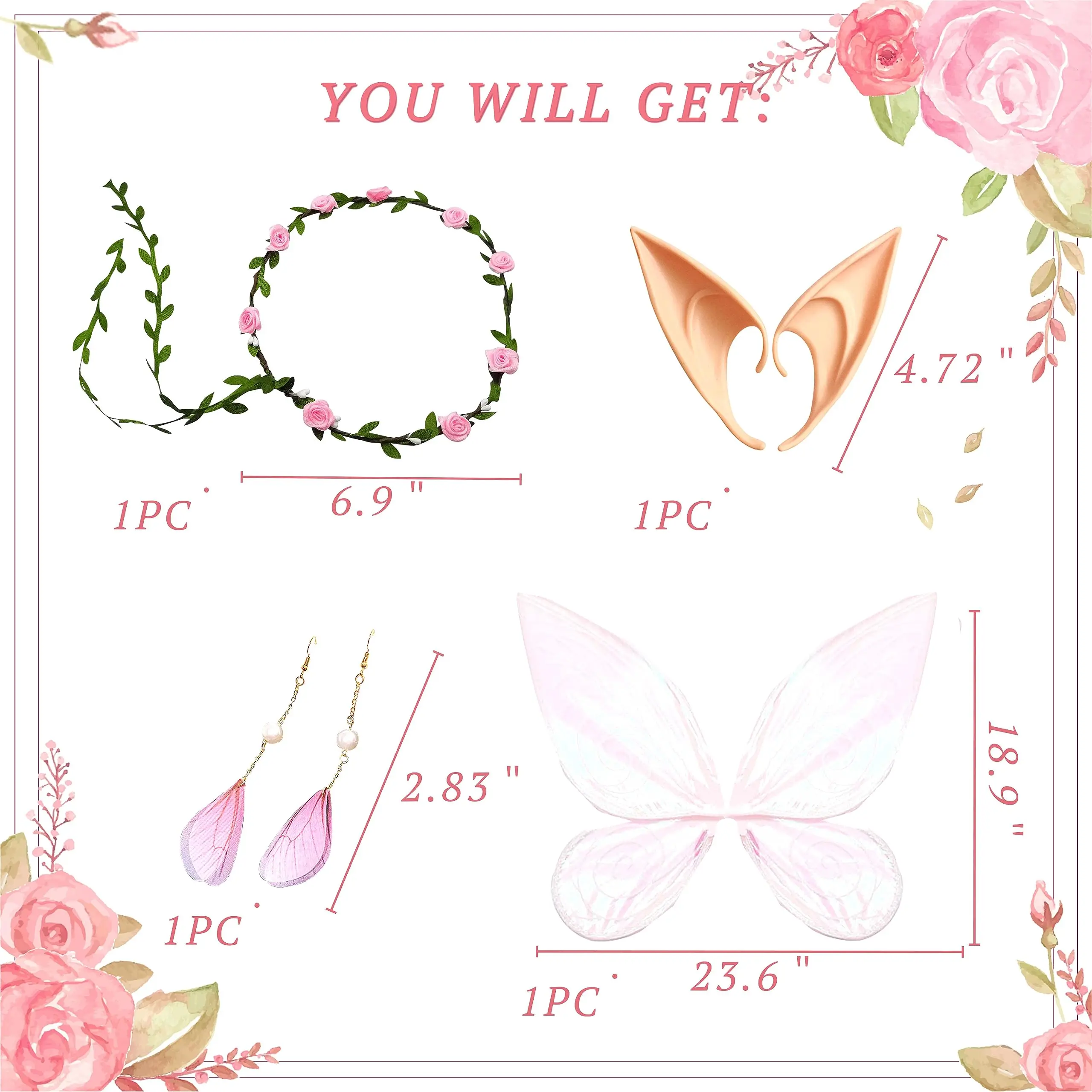 Cosplay Costume Pink Fairy Wings for Adult Elf Ears Fairy Floral Headband Crown Fairy Outfit Cosplay Party Accessories
