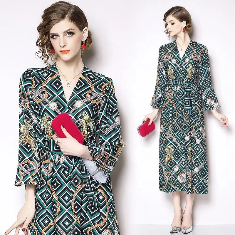 
Wholesale Women New Fashion V Neck Wide Cuff Wrist Long Sleeve Plaid Print Dress 