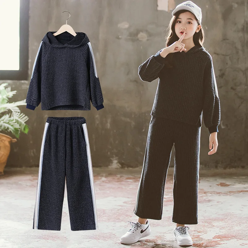 Fall kids hoodie long sleeve pullover matching casual loose patchwork sports pants girls winter clothing set