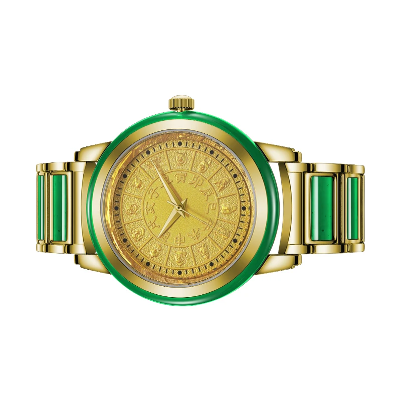 
Wholesale high quality 12 zodiac green nephrite jade couple watch nephrite steel band mechanical watches 