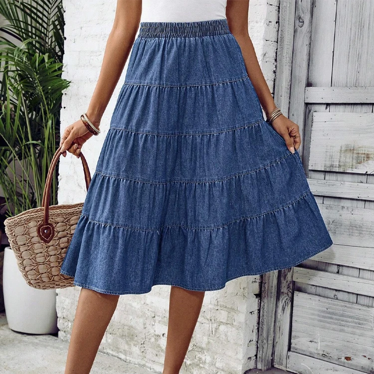 Casual Solid Blue A-Line Dress High Waist Loose Big Skirt Hemline Ruffle Denim Frill Skirt Pockets Button Fashionable Straight