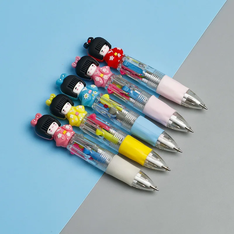 Mini 4 Color Ballpoint Pen Cute Short 4 In 1 Multi Color Pen With Cartoon Pvc Head Top Ball Pen For Kids