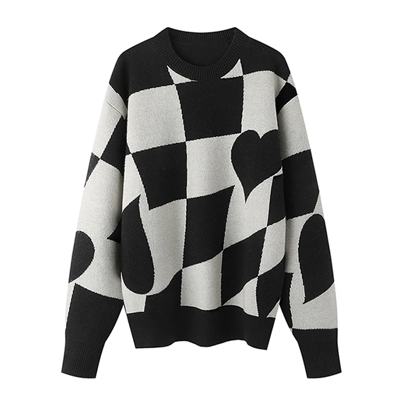 TWOTWINSTYLE Pullover Sweater Colorblock Plaid Heart Loose Casual Knitted Sweater 2022 New