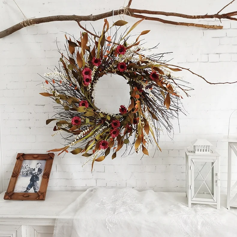 Autumn red daisy flowers wild flower wreath handcrafts wedding decoration faux daisy flower wreath