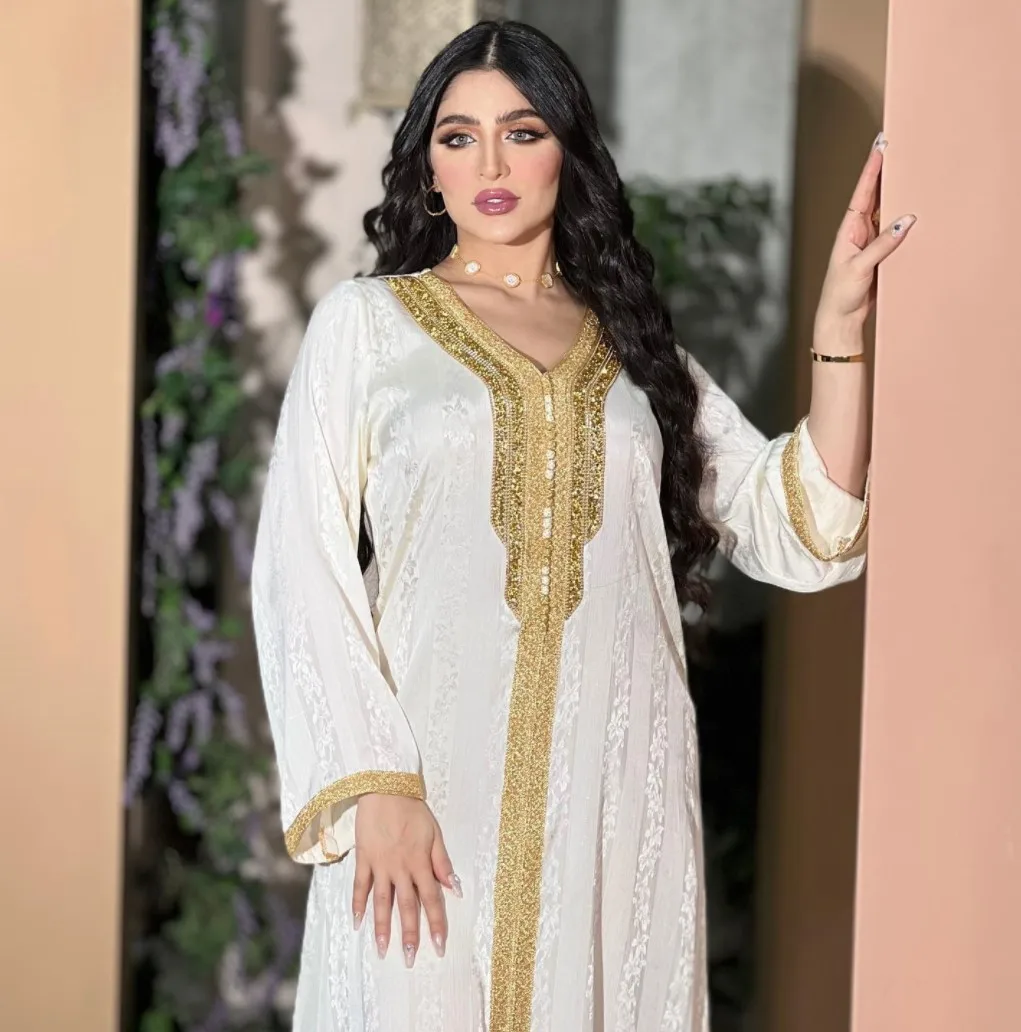 New arrival Arabic women clothes Turkey Dubai lady white 2 pieces set diamond jacquard loose dress abaya Muslim clothing