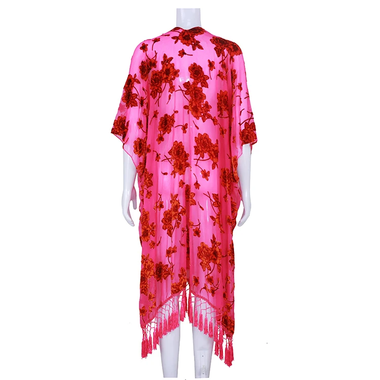 
Casual ladies velvet burnout kimono women tassel blouse trim ruana floral print High quality burnout velvet kimonos 