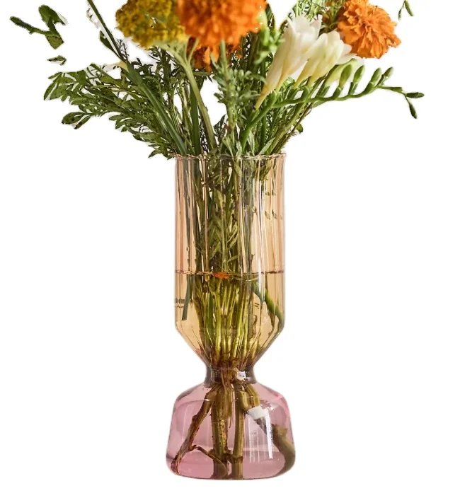 Wholesale Customized Hand Blown Ribbed Borosilicate Glass Tall Flower Vase for Wedding Event Table Decoration