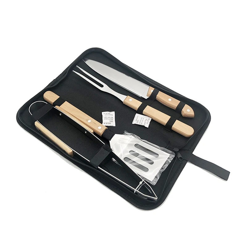 4 Piece Wooden BBQ Accessories Grilling Tools Set with Tongs Spatula Fork and Knife Utensils for Backyard Barbecue Camping