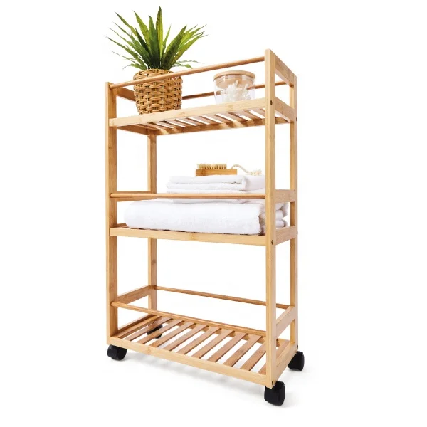 BSCI factory Natural Bamboo Kitchen Trolley, Storage Serving Trolley Cart