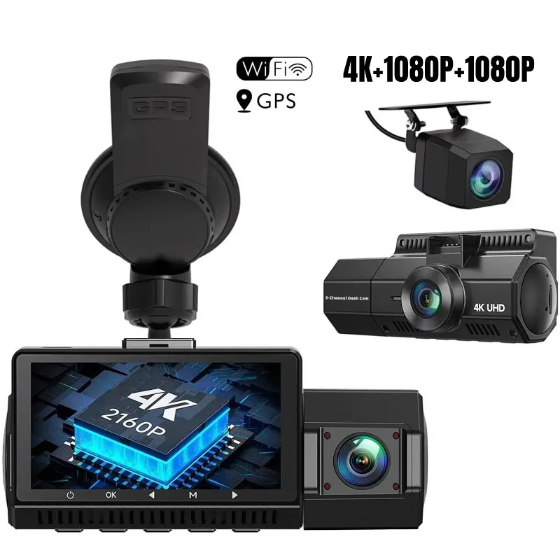 High Quality 3 channels Front inside rear Night Vision 4k WIFI GPS Dash Cam Car video Recorder with app