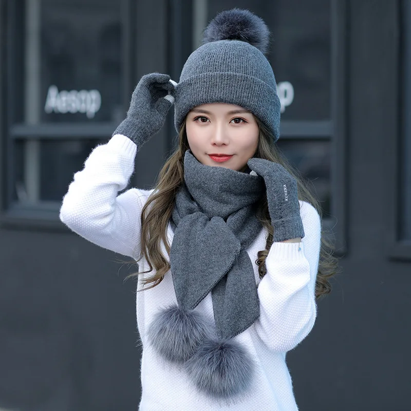 Зимняя вязаная шапка, шарфы, шаль, палантины, варежки 3 шт./компл. для мужчин, шерстяная однотонная женская шапка с помпоном, облегающие перчатки, шарф с меховым помпоном