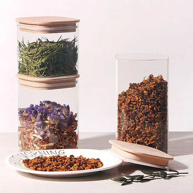 New Cheap Spice Glass Storage Jar With Wood Bamboo Lid Glass Bottle Packaging Storage Jar Customized 500ml 750ml 1000ml