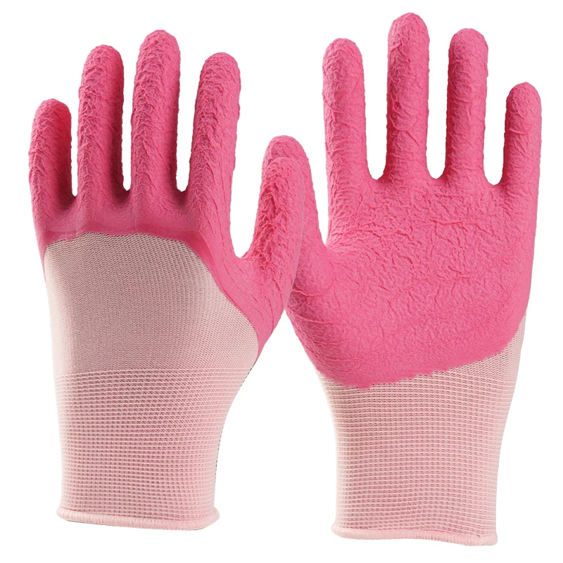 13g Polyester Half Latex Coated Gloves Foam Pink Rubber Coated Soft Gardening waterproof Safety Work Gloves