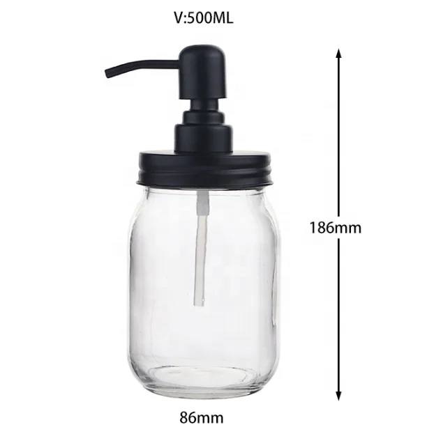 Custom Bathroom Stainless Steel Black Soap Dispenser Bottles with Pump Lid Glass Mason Jar
