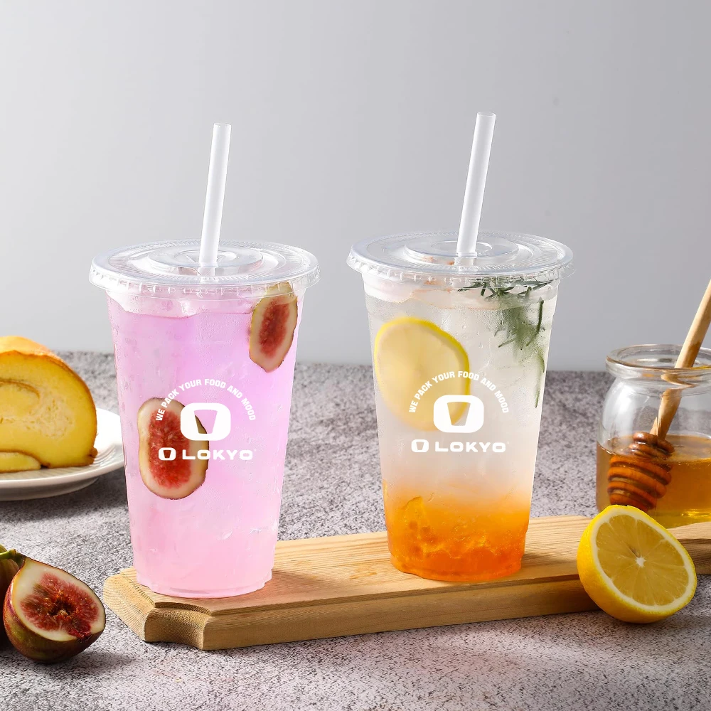 Lokyo Wholesale transparent 500ml 700ml pet cold drink cup disposable clear bubble tea plastic cup with logo
