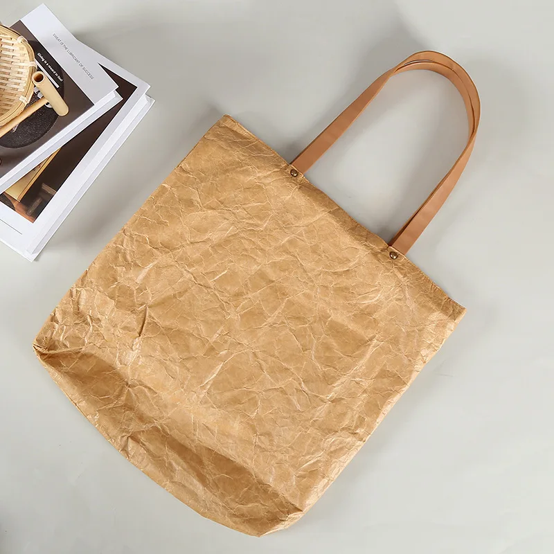 Kraft Tyvek Paper Bag With Leather Handle Shopping Bag