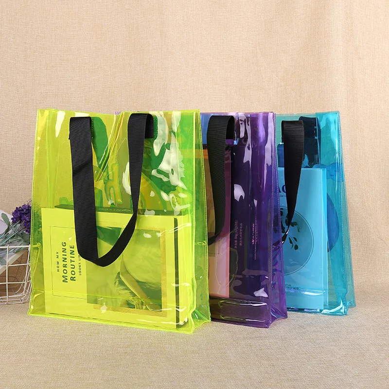 2022 Promotional Custom Large Women Travel Waterproof Beach Tote Bags Clear Candy Color Transparent Neon PVC Handbag With Logo