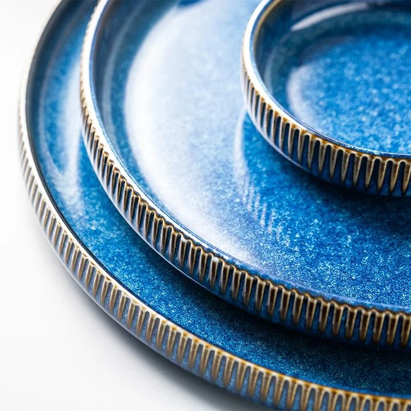 Ceramic Dinner Set, Japanese Retro Blue Plates Bowls Dishes, Kiln Changed Dinnerware Set