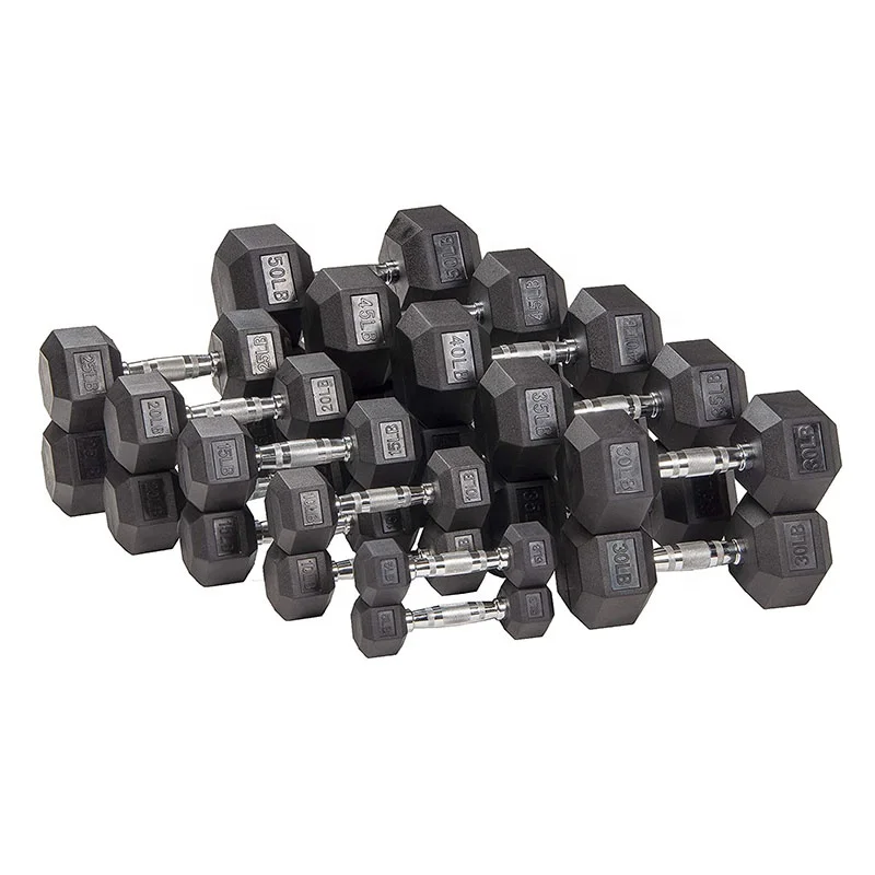 Custom Logo Black Rubber Hex Dumbbell Lbs Home Gym Hexagon Dumbbells kg Weights Set 20kg 50kg Hex Rubber Dumbbells