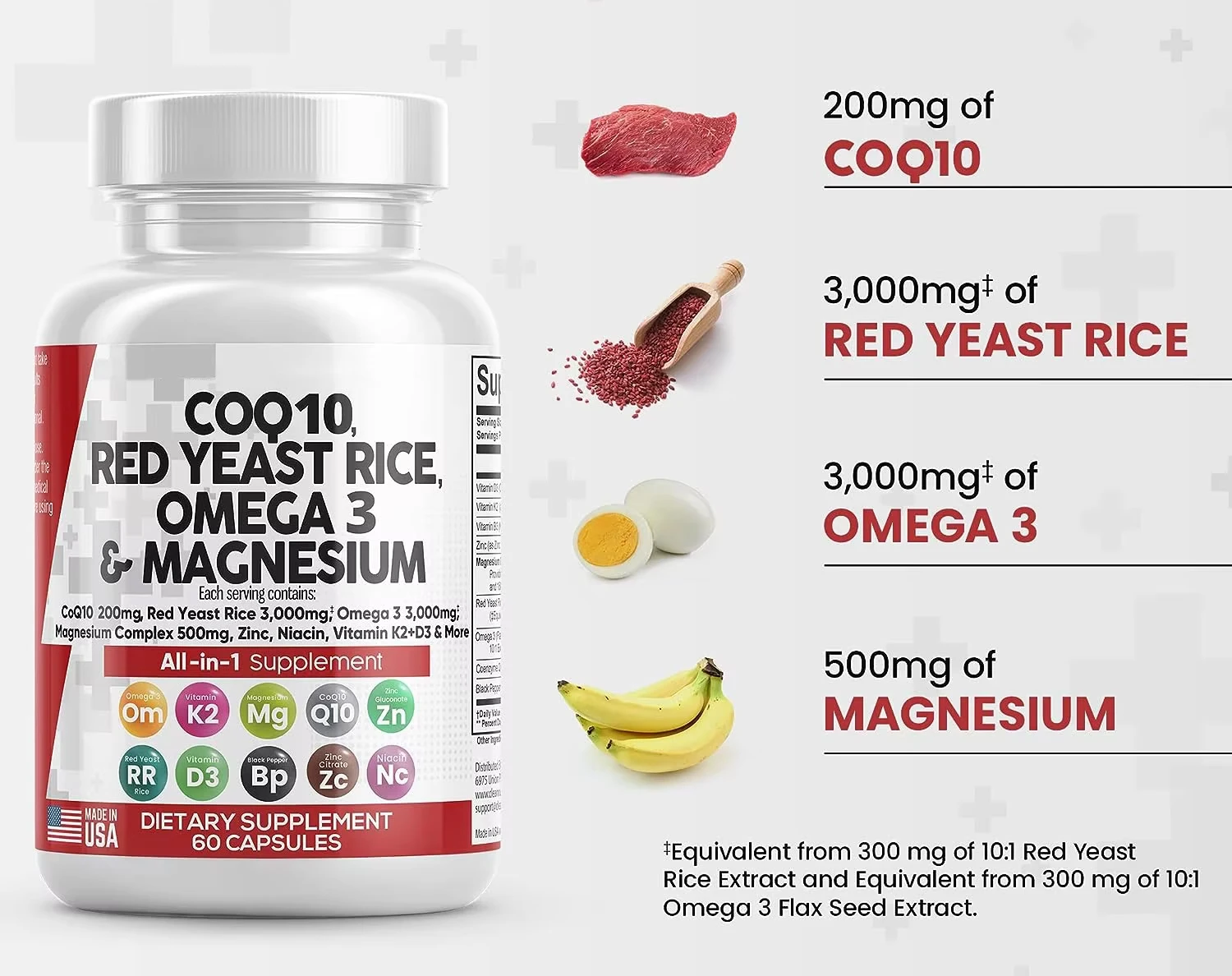 COQ10 Capsules Red Yeast Rice Omega 3 Magnesium Niacin Vitamin K2 D3-Herbal Supplements Adult Heart Health Support Anti-Aging