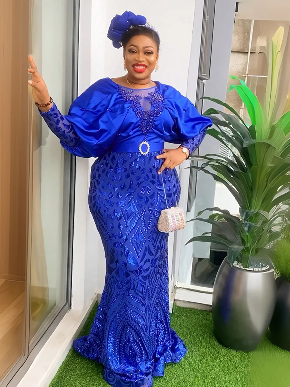 Dubai Muslim Abaya African Dashiki Dress Plus Size Mesh Lace Ruffle Long Sleeve Beaded Sequins Ladies Wedding Party Gown Dress
