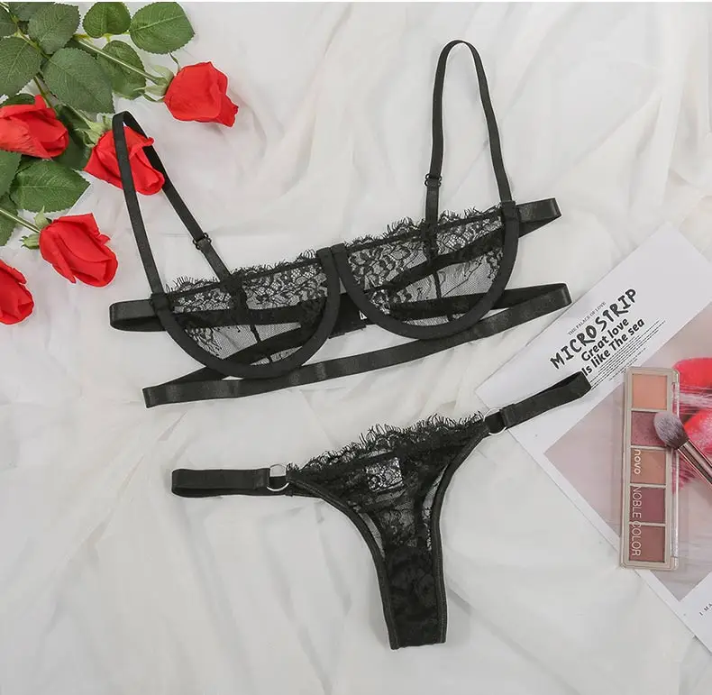 Women Sexy Underwear Set Fur Tassel Embroidery Fishnet Sexy Three-point Bra Lingerie Set