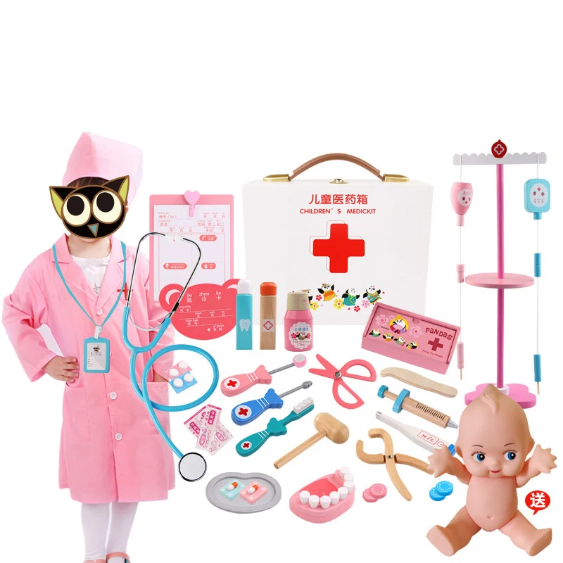 Medical toy box dentist injection medicine kit Wooden simulation play house almighty doctor nurse toy