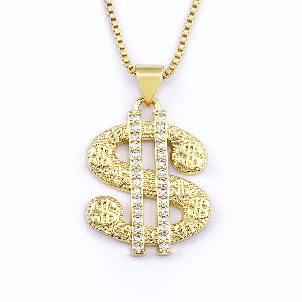 Fashion Gold Plated with Diamond Dollar Symbol Pendant Necklace Copper CZ Charm Neck Chain Party Bar Jewelry Gifts Wholesale