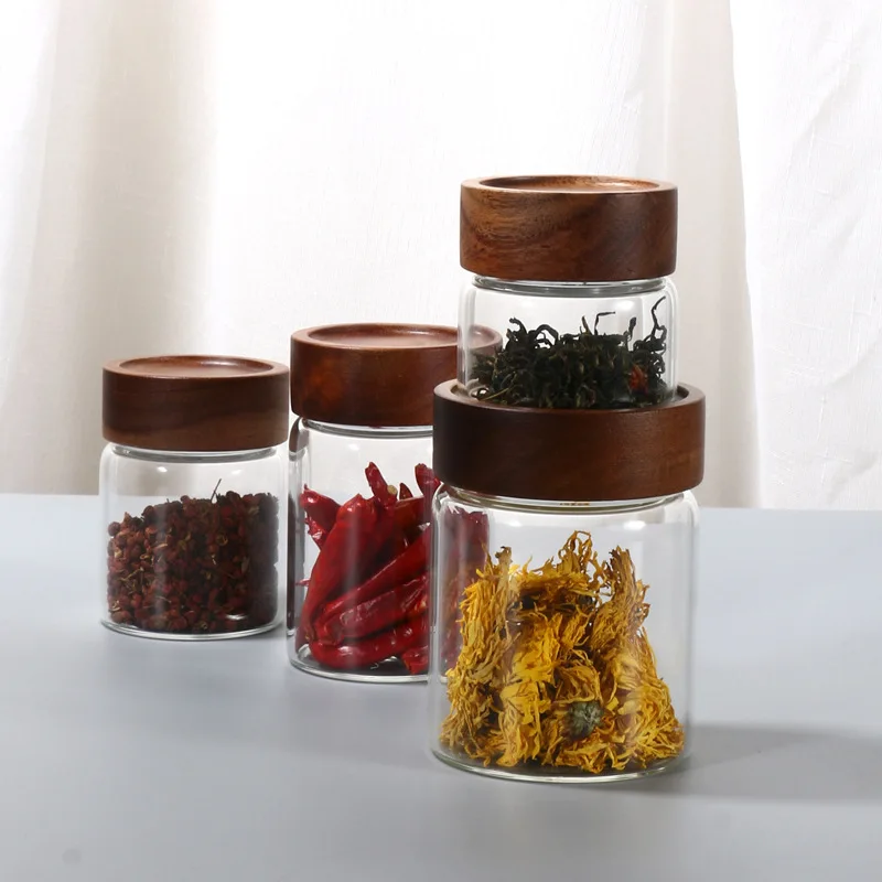 Onsin 100-800ml Glass Spice Jars Honey Container with Acacia Screw Wood Lids 1300ml 1000ml Glass Storage Bottle for Tea Coffee