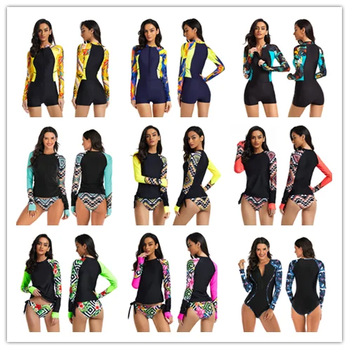 Wholesale Women Ladies 1-pc Long Sleeves Rash Guard Bikini Swimsuit Beachwear Racing Sport Swimwear SPF50+