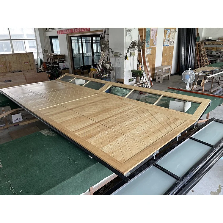 American White Oak Solid Wood Electric Garage Door Manufacturer with Perspective Windows