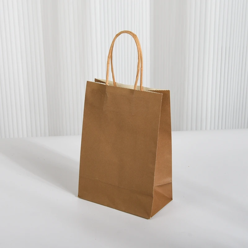 Eco-friendly Reinforced Handle Craft Paper Bags Custom Printed Logo Solid Durable Bottom Brown Kraft Paper Bag