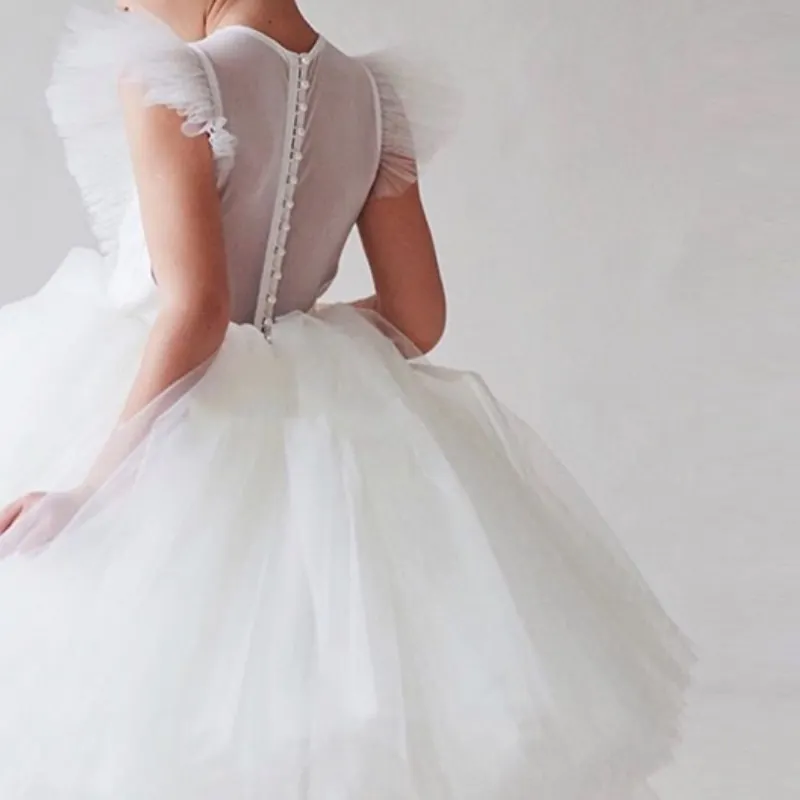 Baby Girl Princess Fly Sleeve Tutu Dress Infant Toddler Vintage Tulle Vestido Party Pageant Wedding Birthday Ball Gown 2-12Y