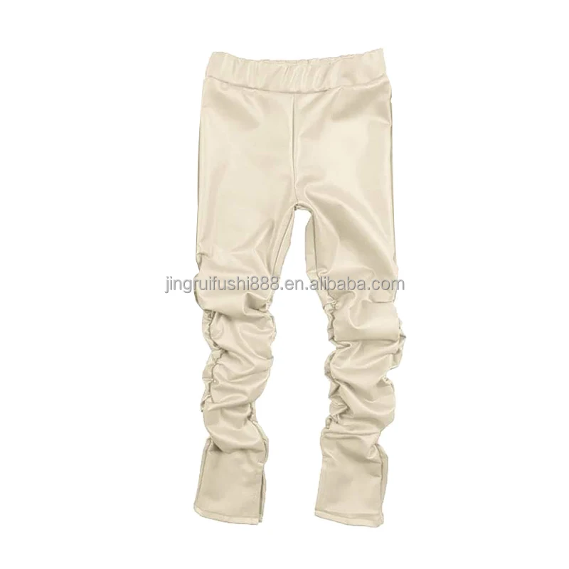 New Arrival Toddler Girls Faux Leather Stacked Leggings Pants Wholesale Kids Children Wrinkled Trousers