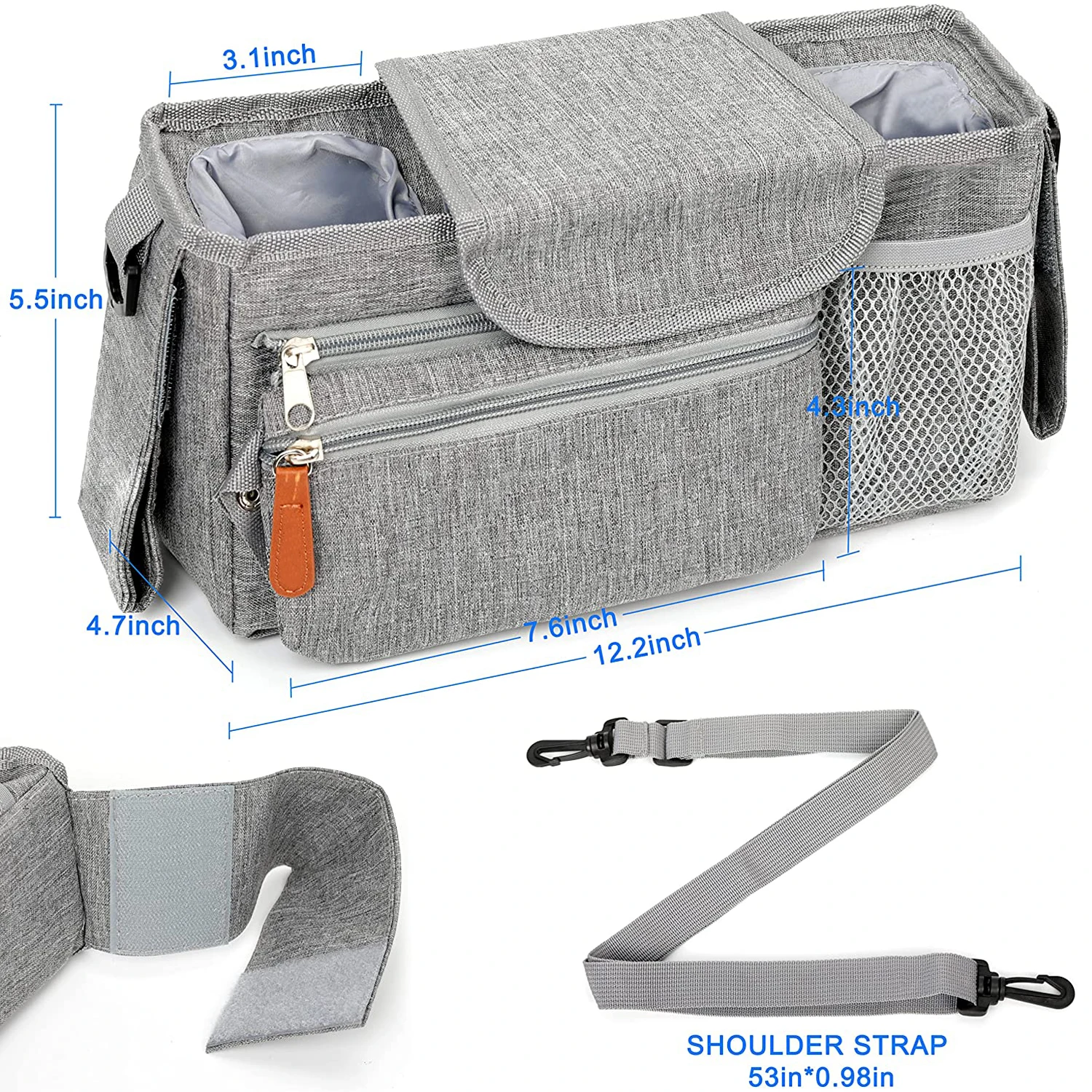 Universal Baby Stroller Organizer Bag Parent Console with Cup Holder and Detachable Handbag Fits All Baby Strollers
