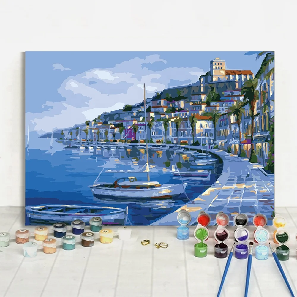 Seaside City Landscape DIY Painting By Number Craft Hand Painted Coloring Drawing