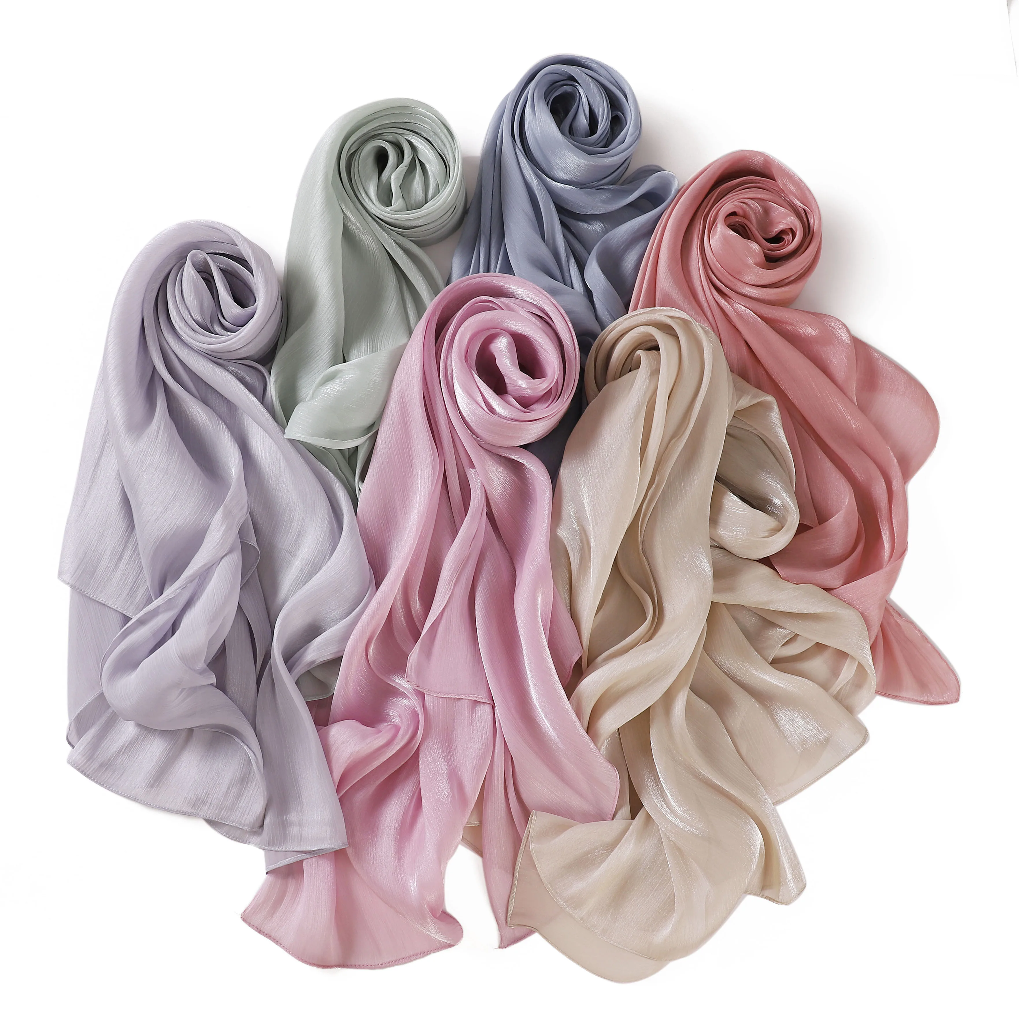 Newest Lady Smooth Soft Turbans Scarves Shiny Silk Feeling Hijab Crepe Crinkle Shawl Glitter Plain Shimmer Muslim Women Scarf