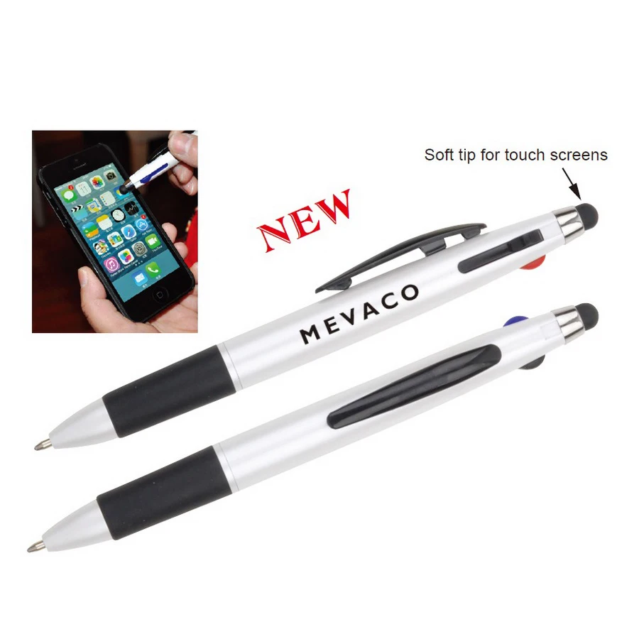 customized 3 color Multi-Color ink custom logo stylus Ball Pen with soft rubber grip-black blue red ink ball pen with stylus