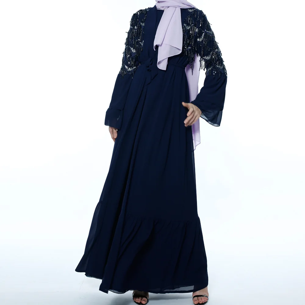 2023 wholesale islamic clothing sequin tassel chiffon with flared long sleeves for women muslim dress abaya