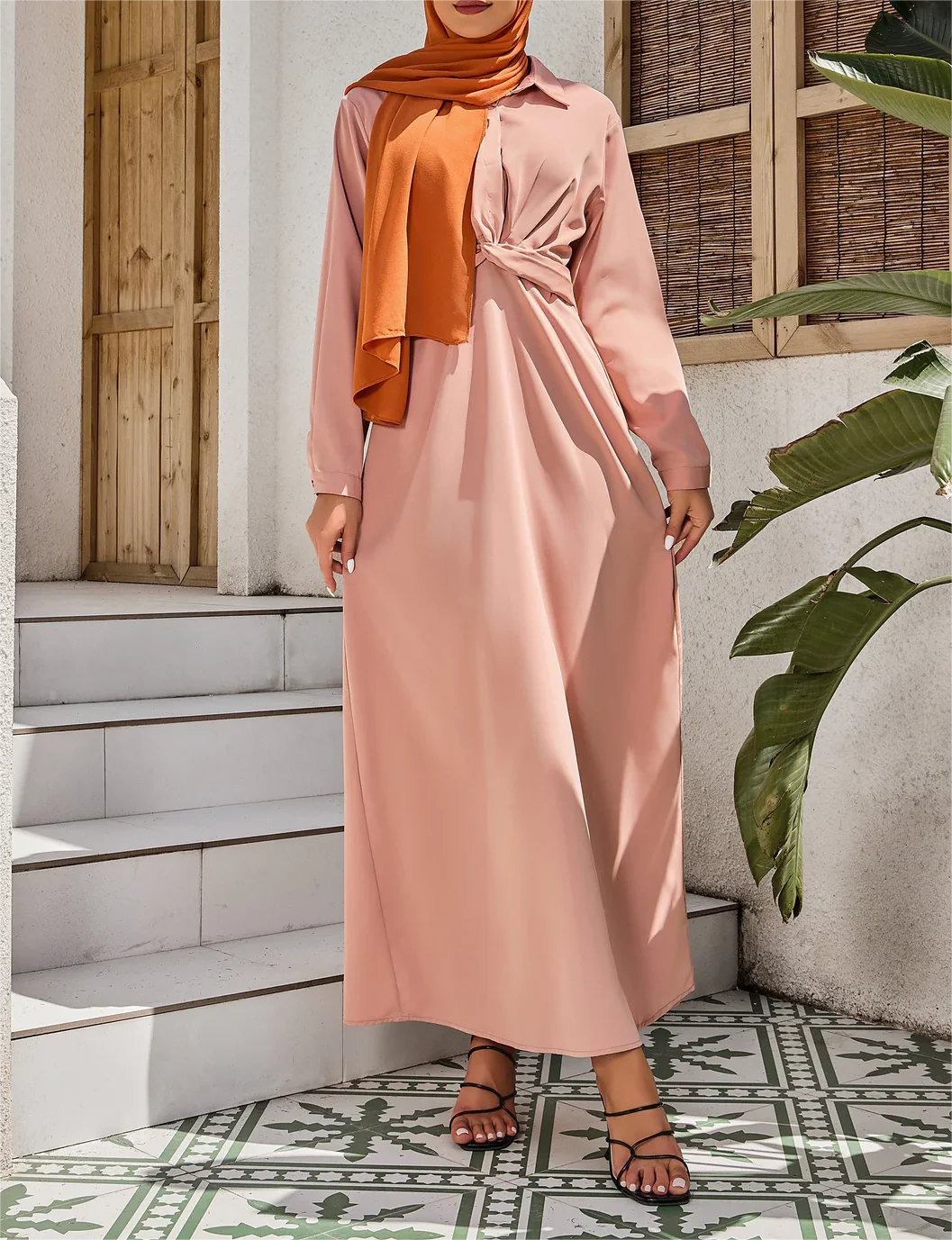 Wholesale Maxi Islamic Clothing Solid Color Middle East Arab Dubai Long Sleeve Golden rose Satin Dresses Women Muslim Dress