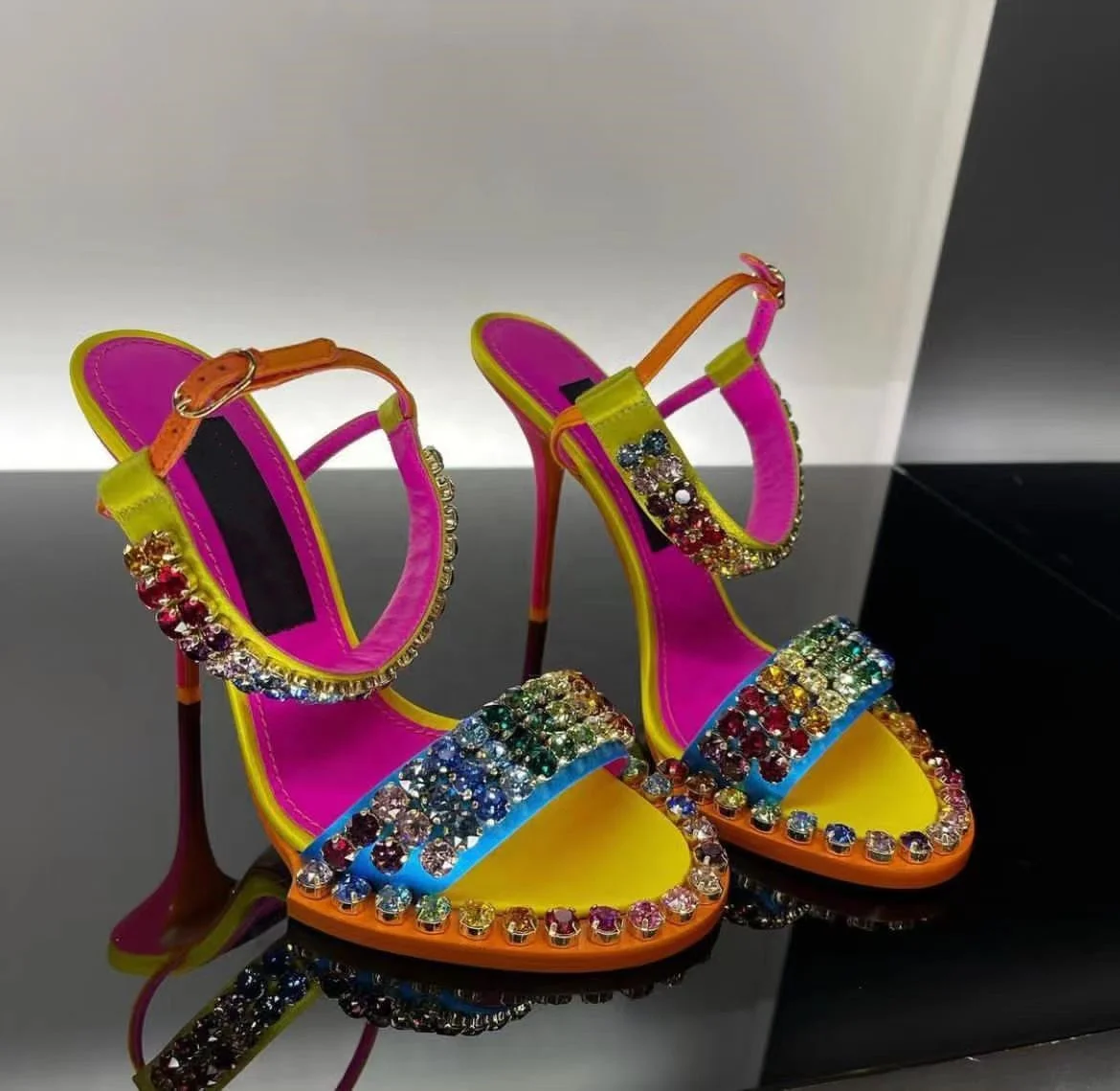 Brand diamonds heels big rainbow rhinestone strap neon pink yellow orange outsole oem sandal sexy ladies stiletto high heels