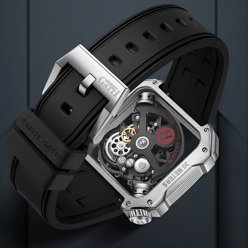 BONEST GATTI Quadrate Fashion Sport Watch 316l Stainless Steel Case Hollow Out Mechanical Watches For Men