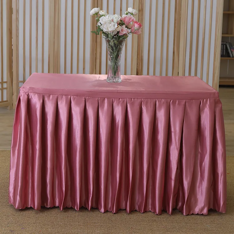 Custom High Quality Silk Satin Pure Color Table Skirt 100% Polyester Fabric Rectangle Table Linen For Banquet Dining Table Use