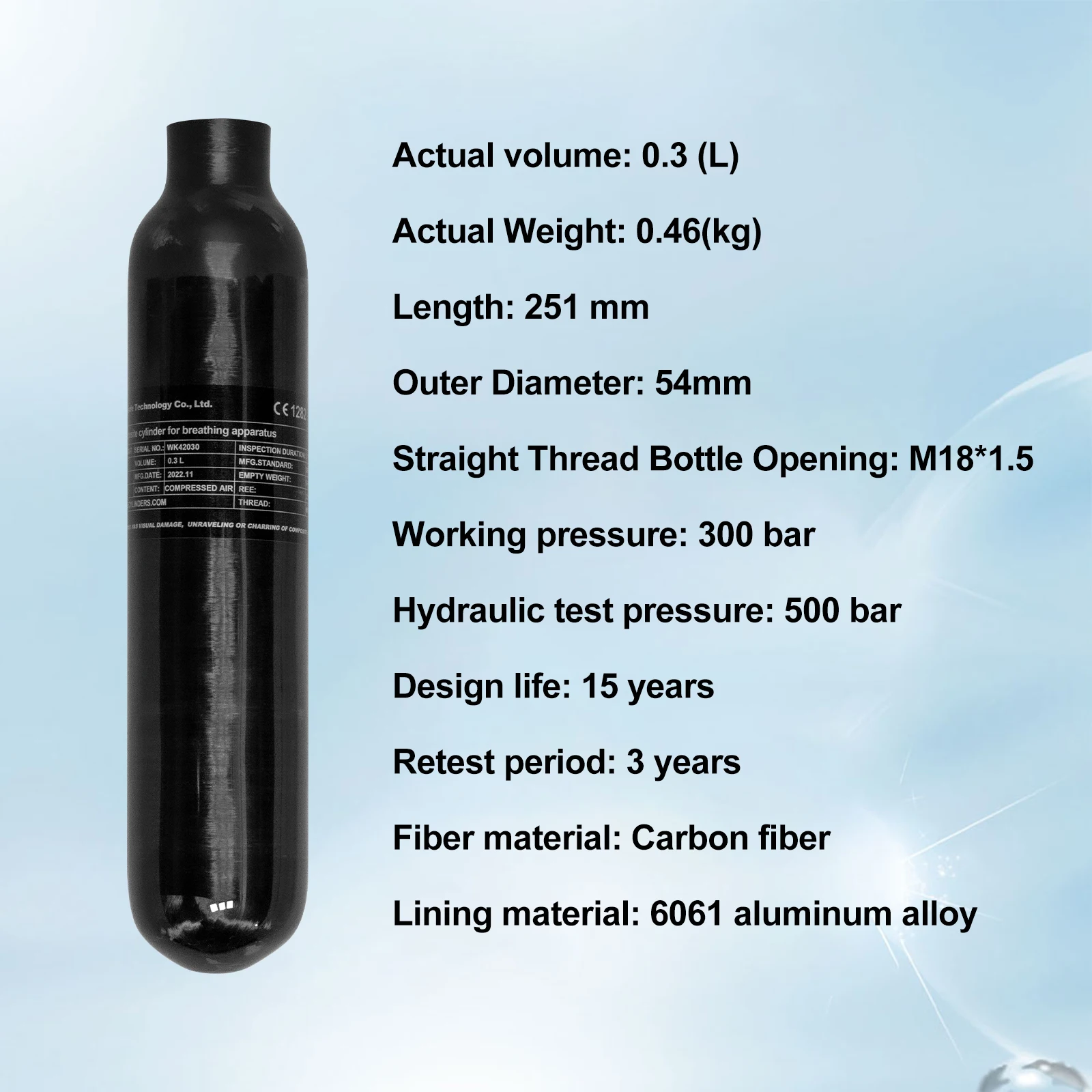 GP Competitive Price Practicability Home Use High Pressure 0.3L 3000psi 300bar Small Paintball Breathing Carbon Fiber Air Tank