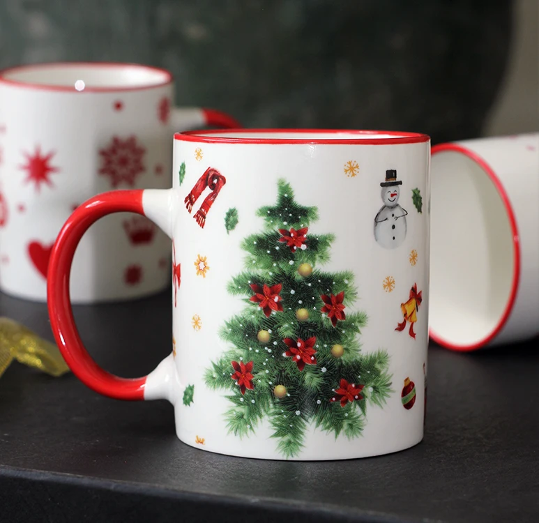 Nanyi High Quality Hand Made Reusable Christmas Red Handle Coffee Mug Ceramic For Gift
