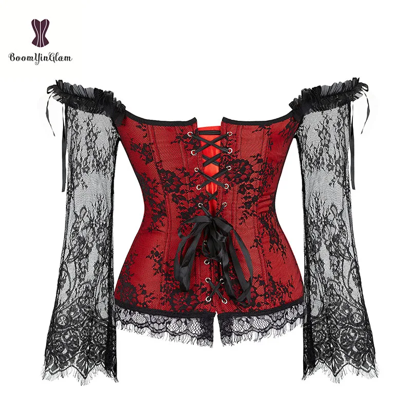 6 Row Busk Embroidered Floral Boned Bustier Overbust Lace Up Bodice Lingerie Red Corset Tops For Women With Sleeves Plus Size