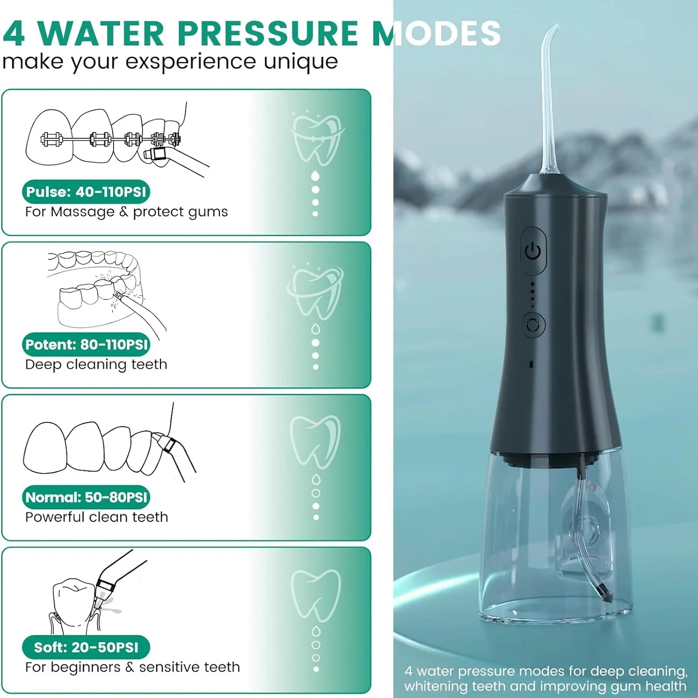 UAS Dropship Portable Mouth Oral Irrigator 4 Pressure Sensor Dental Pik Water Flosser Ipx7 Waterproof Rechargeable Teeth Cleaner