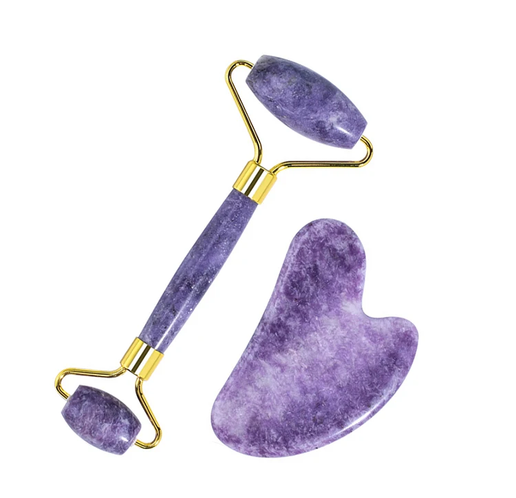 Private label natural Purple Jade custom facial jade skin face stone roller and gua sha massager with box for sale