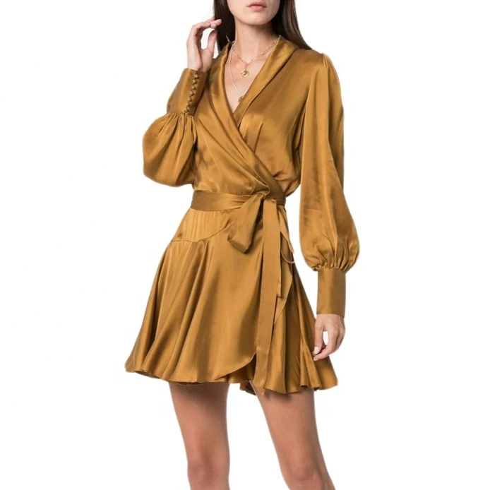 
Fashion Design Women Casual V-Neck Sexy Silk Satin Belt Tie Mini Dress 2020 <span style=